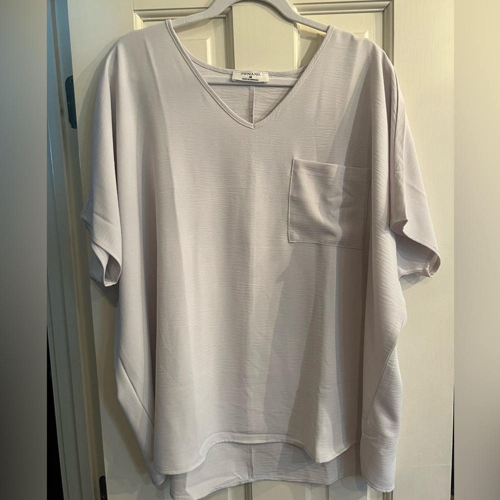 Zenana Gray V-Neck Top with Pocket NEW